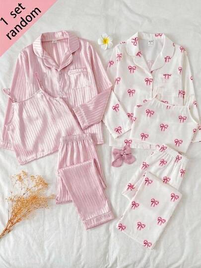 SHEIN Kids Tween Girl Bowknot Elegant Cute Pink Long Sleeve Long Pants Minimalist Comfortable Loungewear Set