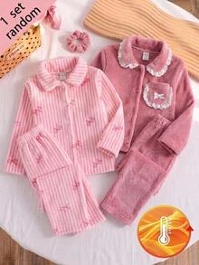 SHEIN 女童新款極簡時尚休閒可愛荷葉邊拼接長袖褲裝兩件套家居服 秋冬款 - 粉色 - 查看 1