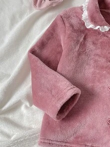 SHEIN 女童新款極簡時尚休閒可愛荷葉邊拼接長袖褲裝兩件套家居服 秋冬款 - 粉色 - 查看 6