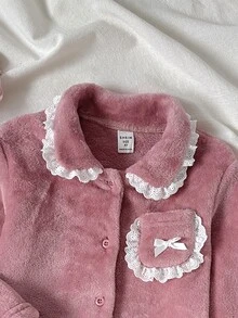 SHEIN 女童新款極簡時尚休閒可愛荷葉邊拼接長袖褲裝兩件套家居服 秋冬款 - 粉色 - 查看 4
