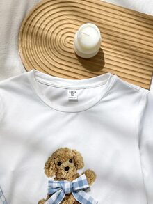 SHEIN 兒童青少年女孩卡通小狗蝴蝶結印花針織休閒長袖褲 2 件套居家服 - 藍色 - 查看 4