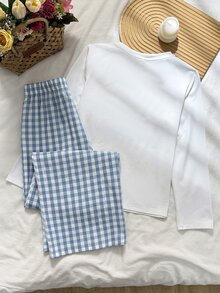 SHEIN 兒童青少年女孩卡通小狗蝴蝶結印花針織休閒長袖褲 2 件套居家服 - 藍色 - 查看 2