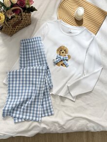 SHEIN 兒童青少年女孩卡通小狗蝴蝶結印花針織休閒長袖褲 2 件套居家服 - 藍色 - 查看 7