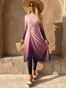 SHEIN Swim 26SS Spring/Summer Vacation Beach Beach Vacation Elegant Modest Pink Orange Twist Ruffle Burkini - Multicolor - View 9
