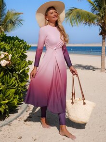SHEIN Swim 26SS Spring/Summer Vacation Beach Beach Vacation Elegant Modest Pink Orange Twist Ruffle Burkini - Multicolor - View 7