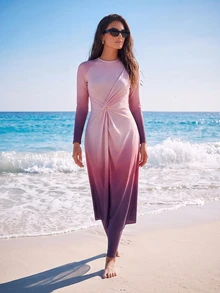 SHEIN Swim 26SS Spring/Summer Vacation Beach Beach Vacation Elegant Modest Pink Orange Twist Ruffle Burkini - Multicolor - View 3