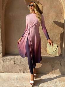 SHEIN Swim 26SS Spring/Summer Vacation Beach Beach Vacation Elegant Modest Pink Orange Twist Ruffle Burkini - Multicolor - View 4
