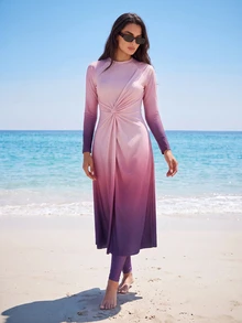 SHEIN Swim 26SS Spring/Summer Vacation Beach Beach Vacation Elegant Modest Pink Orange Twist Ruffle Burkini - Multicolor - View 2