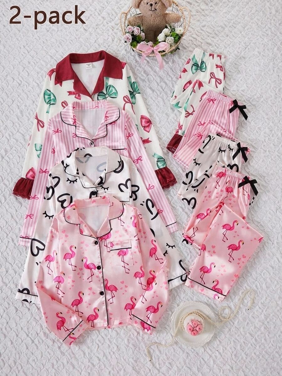 SHEIN 少女可愛休閒針織粉色蝴蝶結圖案長袖居家服套裝 - 彩色 - 查看 1