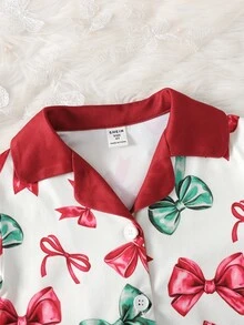 SHEIN 少女可愛休閒針織粉色蝴蝶結圖案長袖居家服套裝 - 彩色 - 查看 7