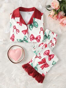 SHEIN 少女可愛休閒針織粉色蝴蝶結圖案長袖居家服套裝 - 彩色 - 查看 6