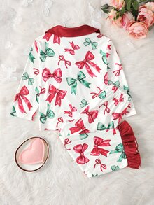 SHEIN 少女可愛休閒針織粉色蝴蝶結圖案長袖居家服套裝 - 彩色 - 查看 4