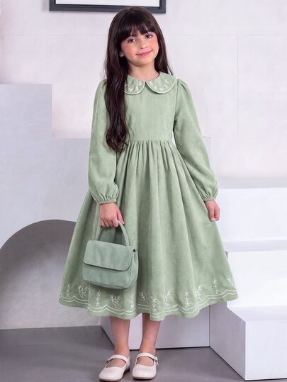 SHEIN Vestido de niña preadolescente de tela de pana cómodo y suave para primavera otoño invierno estilo campestre vacacional con estampado
