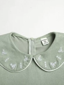 SHEIN 少女燈芯絨布料舒適柔軟春秋冬季田園度假鄉村風圖案洋裝 - 綠色 - 查看 4