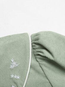 SHEIN 少女燈芯絨布料舒適柔軟春秋冬季田園度假鄉村風圖案洋裝 - 綠色 - 查看 3