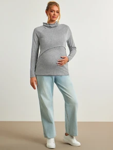 Modmama Blusa de lactancia de manga larga simple para maternidad, versátil - Gris Claro - Ver 4