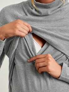 Modmama Blusa de lactancia de manga larga simple para maternidad, versátil - Gris Claro - Ver 1