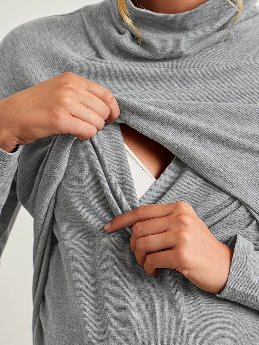 Modmama Blusa de lactancia de manga larga simple para maternidad, versátil - Gris Claro - Ver 1