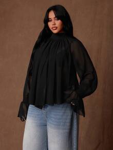 Rustia Plus Size Women's Stand Collar Chiffon Solid Color Long Sleeve Casual Loose Blouse, Spring/Autumn - Black - View 5
