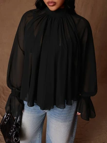 Rustia Plus Size Women's Stand Collar Chiffon Solid Color Long Sleeve Casual Loose Blouse, Spring/Autumn - Black - View 8