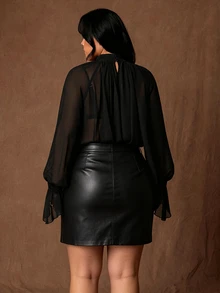 Rustia Plus Size Women's Stand Collar Chiffon Solid Color Long Sleeve Casual Loose Blouse, Spring/Autumn - Black - View 2