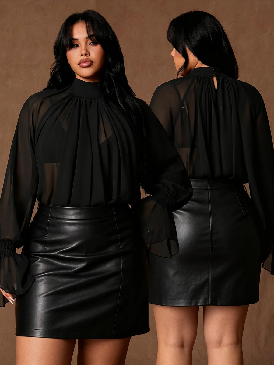Rustia Plus Size Women's Stand Collar Chiffon Solid Color Long Sleeve Casual Loose Blouse, Spring/Autumn - Black - View 1