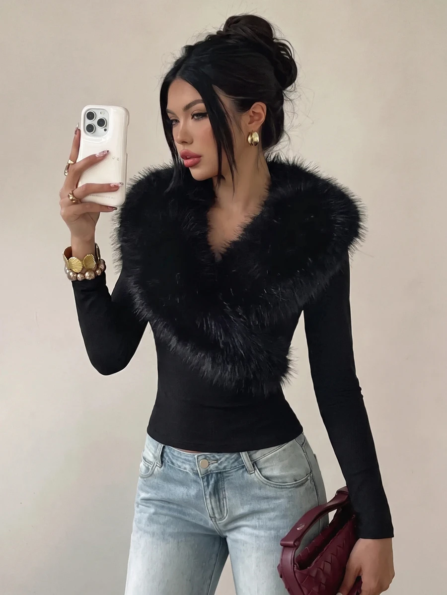 SHEIN Raffinéa Autumn/Winter New Fur Collar Slimming Fitted Women's Top - Black - View 1