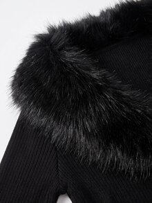 SHEIN Raffinéa Autumn/Winter New Fur Collar Slimming Fitted Women's Top - Black - View 3