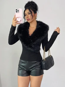 SHEIN Raffinéa Autumn/Winter New Fur Collar Slimming Fitted Women's Top - Black - View 6