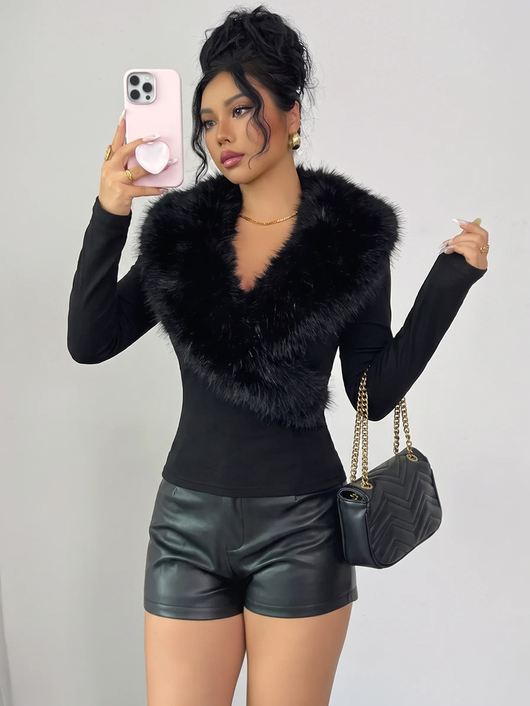 SHEIN Raffinéa 秋冬新款女款毛領修身貼身上衣 - 黑色 - 查看 6