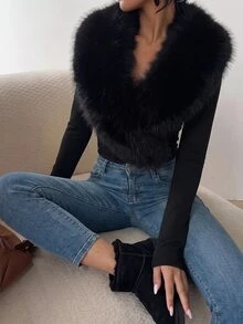SHEIN Raffinéa Autumn/Winter New Fur Collar Slimming Fitted Women's Top - Black - View 5