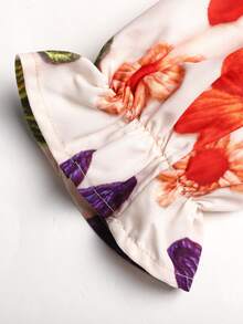 SHEIN 少女對比領紅色燈芯絨荷葉邊抓皺腰A字洋裝 - 紅色 - 查看 3