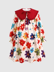 SHEIN 少女對比領紅色燈芯絨荷葉邊抓皺腰A字洋裝 - 紅色 - 查看 4