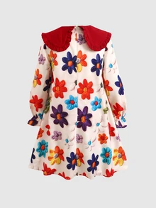 SHEIN 少女對比領紅色燈芯絨荷葉邊抓皺腰A字洋裝 - 紅色 - 查看 6