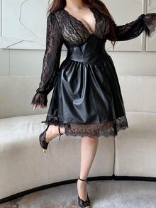 Vibekara Gaun A-Line Kulit PU Seksi Ukuran Besar dengan Patchwork Renda, Halloween, Pesta, Natal Musim Dingin - Hitam - View 7