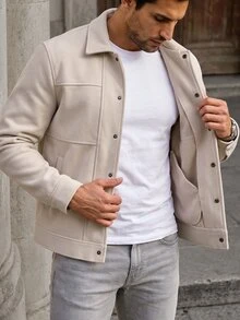 Manfinity CasualCool Men's Apricot Wool Blend Notch Lapel Button Coat, Regular Fit Short Jacket, Beige, Autumn, Casual Smart Style, Office, Christmas Gift - Apricot - View 6
