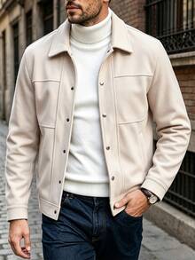 Manfinity CasualCool Men's Apricot Wool Blend Notch Lapel Button Coat, Regular Fit Short Jacket, Beige, Autumn, Casual Smart Style, Office, Christmas Gift - Apricot - View 7