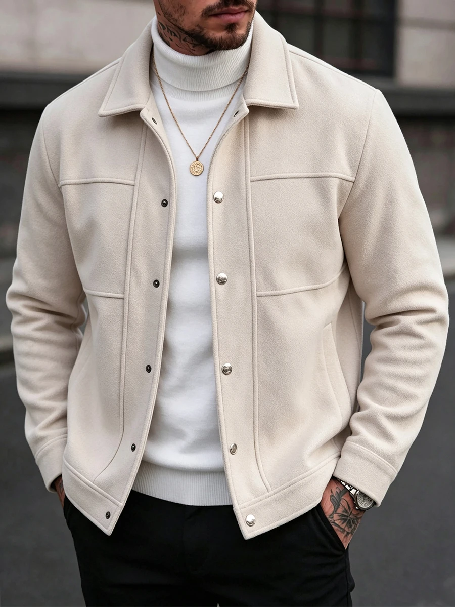 Manfinity CasualCool Men's Apricot Wool Blend Notch Lapel Button Coat, Regular Fit Short Jacket, Beige, Autumn, Casual Smart Style, Office, Christmas Gift - Apricot - View 1