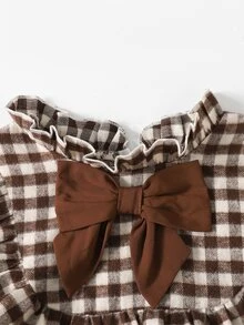 SHEIN 少女蝴蝶結裝飾格紋百褶休閒日常夏季洋裝 - 咖啡棕 - 查看 4