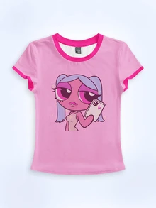 Y2Kool Vecteezy Y2K Contrast Color Cartoon Girl Casual Street Crop T-Shirt For Women, Suitable For Autumn/Winter Parties, Holidays And Daily Wear - Pink - View 1