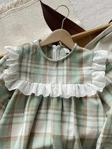 SHEIN 少女格紋荷葉邊抓皺蕾絲 A 字洋裝 - 綠色 - 查看 4