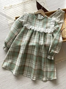 SHEIN 少女格紋荷葉邊抓皺蕾絲 A 字洋裝 - 綠色 - 查看 6