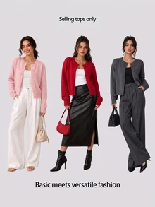 SHEIN BASICS Ladies' Casual Solid Color Round Neck Long Sleeve Loose Cropped Cardigan Women Autumn Coat School Soft Pink School Teacher Office School School School - Pink - View 8