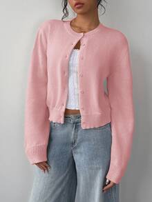 SHEIN BASICS Ladies' Casual Solid Color Round Neck Long Sleeve Loose Cropped Cardigan Women Autumn Coat School Soft Pink School Teacher Office School School School - Pink - View 5