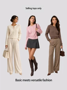 SHEIN BASICS Ladies' Casual Solid Color Round Neck Long Sleeve Loose Cropped Cardigan Women Autumn Coat School Soft Pink School Teacher Office School School School - Pink - View 9