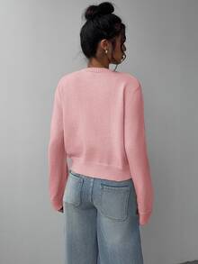 SHEIN BASICS Ladies' Casual Solid Color Round Neck Long Sleeve Loose Cropped Cardigan Women Autumn Coat School Soft Pink School Teacher Office School School School - Pink - View 7