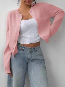 SHEIN BASICS Ladies' Casual Solid Color Round Neck Long Sleeve Loose Cropped Cardigan Women Autumn Coat School Soft Pink School Teacher Office School School School - Pink - View 6