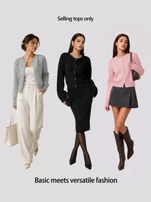 SHEIN BASICS Ladies' Casual Solid Color Round Neck Long Sleeve Loose Cropped Cardigan Women Autumn Coat School Soft Pink School Teacher Office School School School - Pink - View 10
