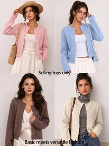 SHEIN BASICS Ladies' Casual Solid Color Round Neck Long Sleeve Loose Cropped Cardigan Women Autumn Coat School Soft Pink School Teacher Office School School School - Pink - View 11