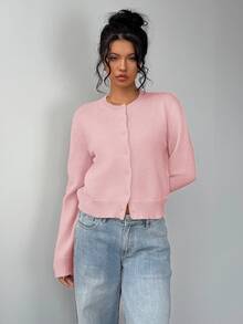 SHEIN BASICS Ladies' Casual Solid Color Round Neck Long Sleeve Loose Cropped Cardigan Women Autumn Coat School Soft Pink School Teacher Office School School School - Pink - View 4
